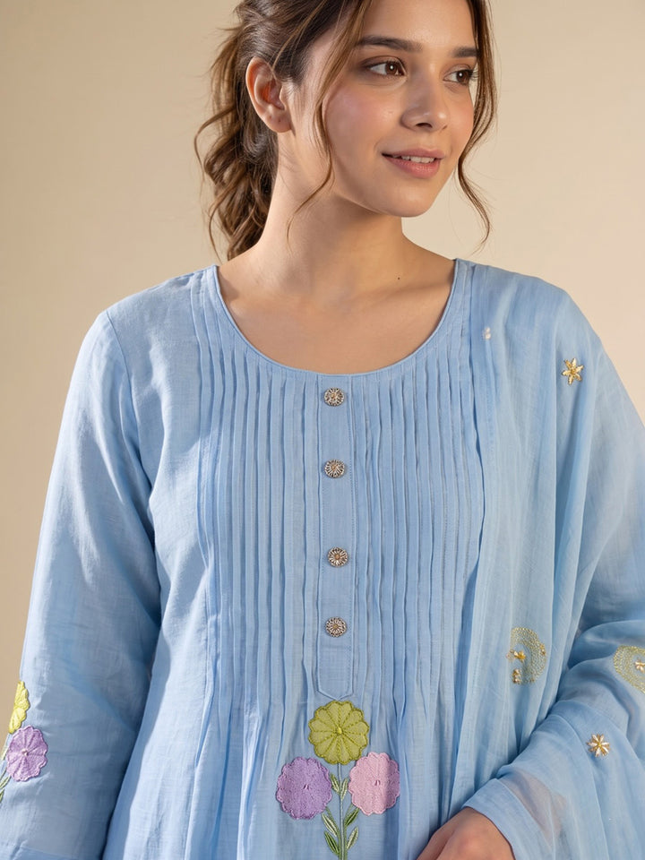 Sky Blue Printed Chanderi Kurta With Pant &amp; Dupatta