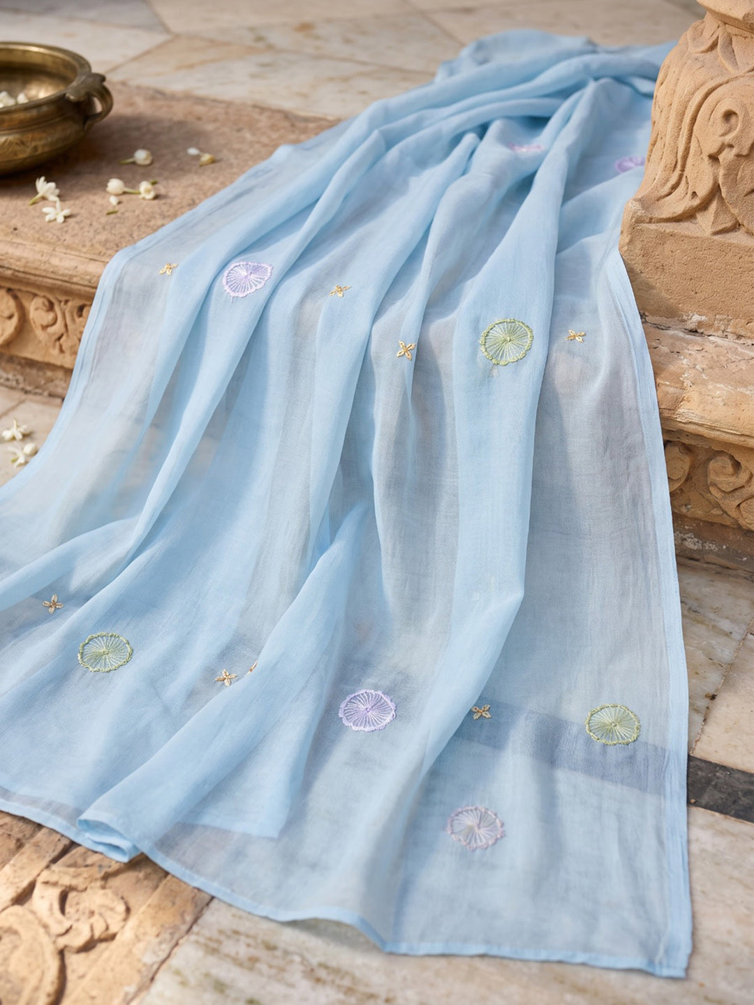 Sky Blue Printed Chanderi Kurta With Pant &amp; Dupatta