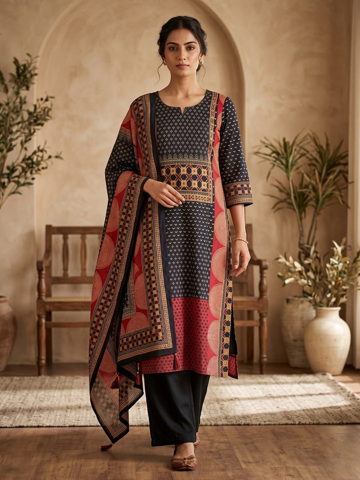 Red Printed Cotton Blend Kurta With Pant &amp; Dupatta
