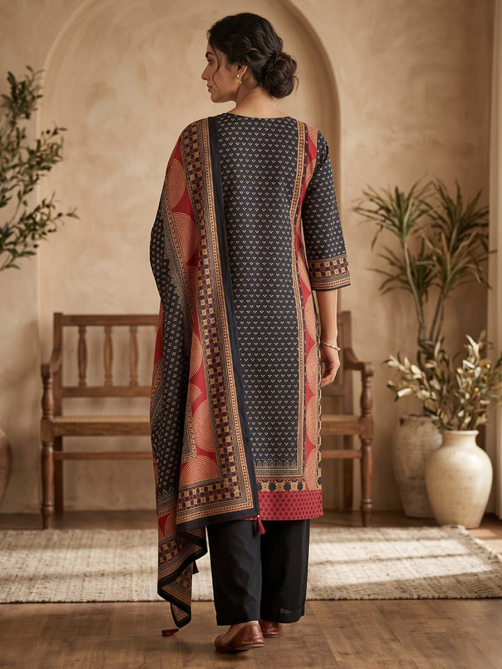 Red Printed Cotton Blend Kurta With Pant &amp; Dupatta
