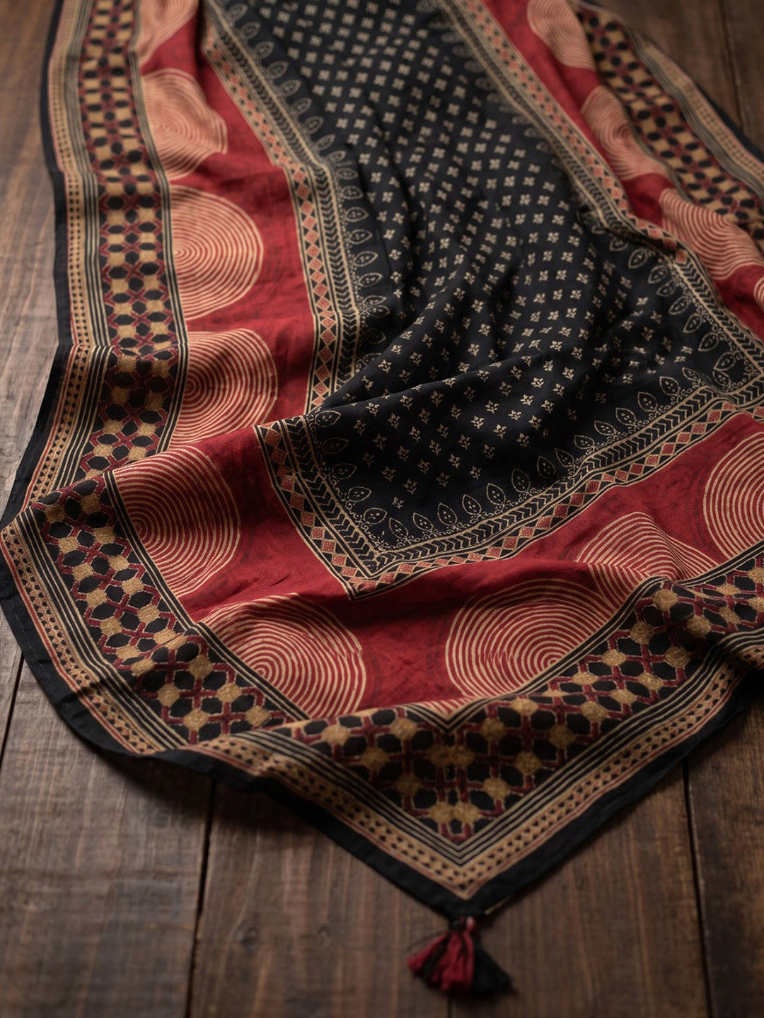 Red Printed Cotton Blend Kurta With Pant &amp; Dupatta