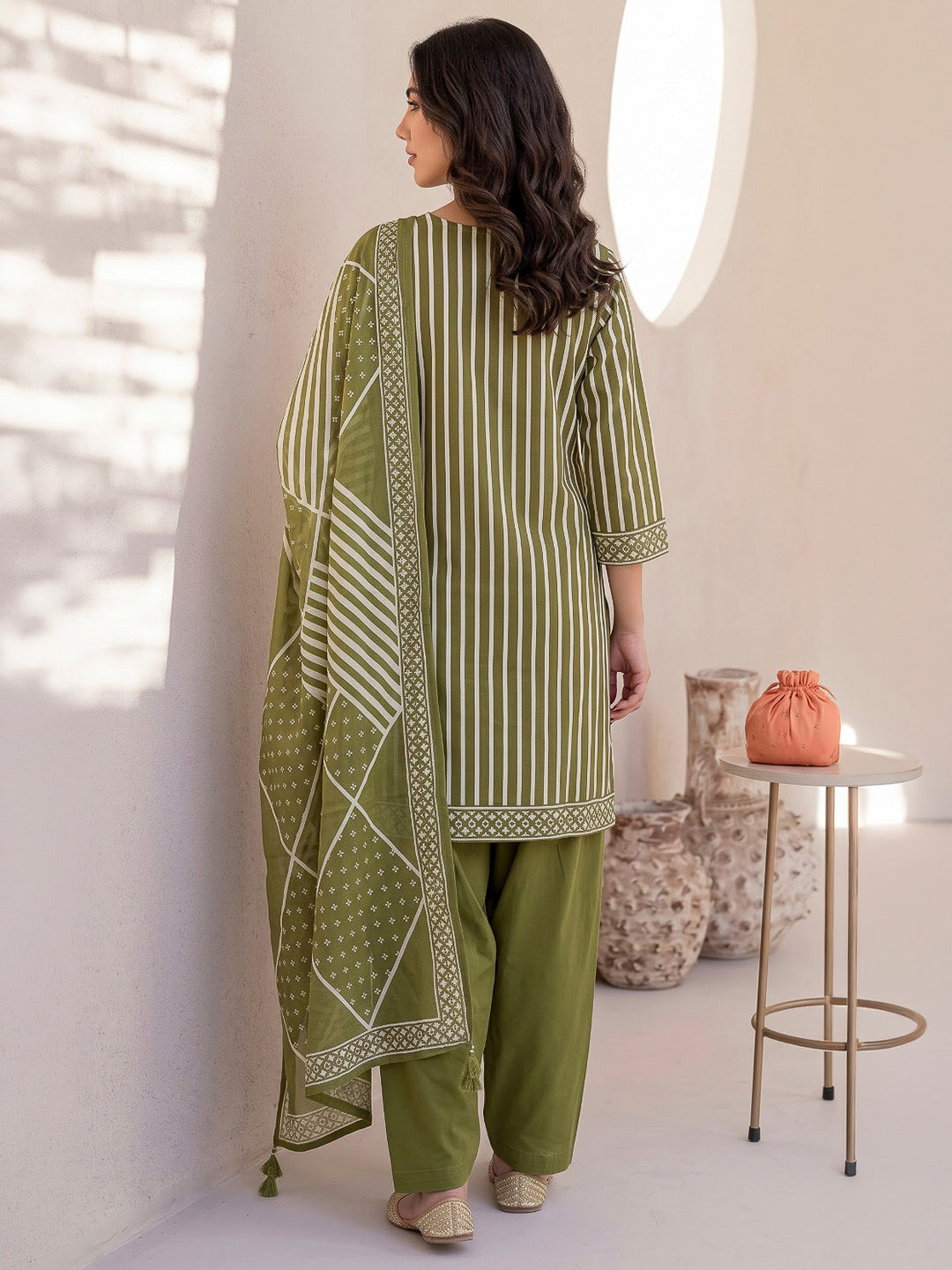 Green Printed Cotton Blend Kurta With Pant &amp; Dupatta