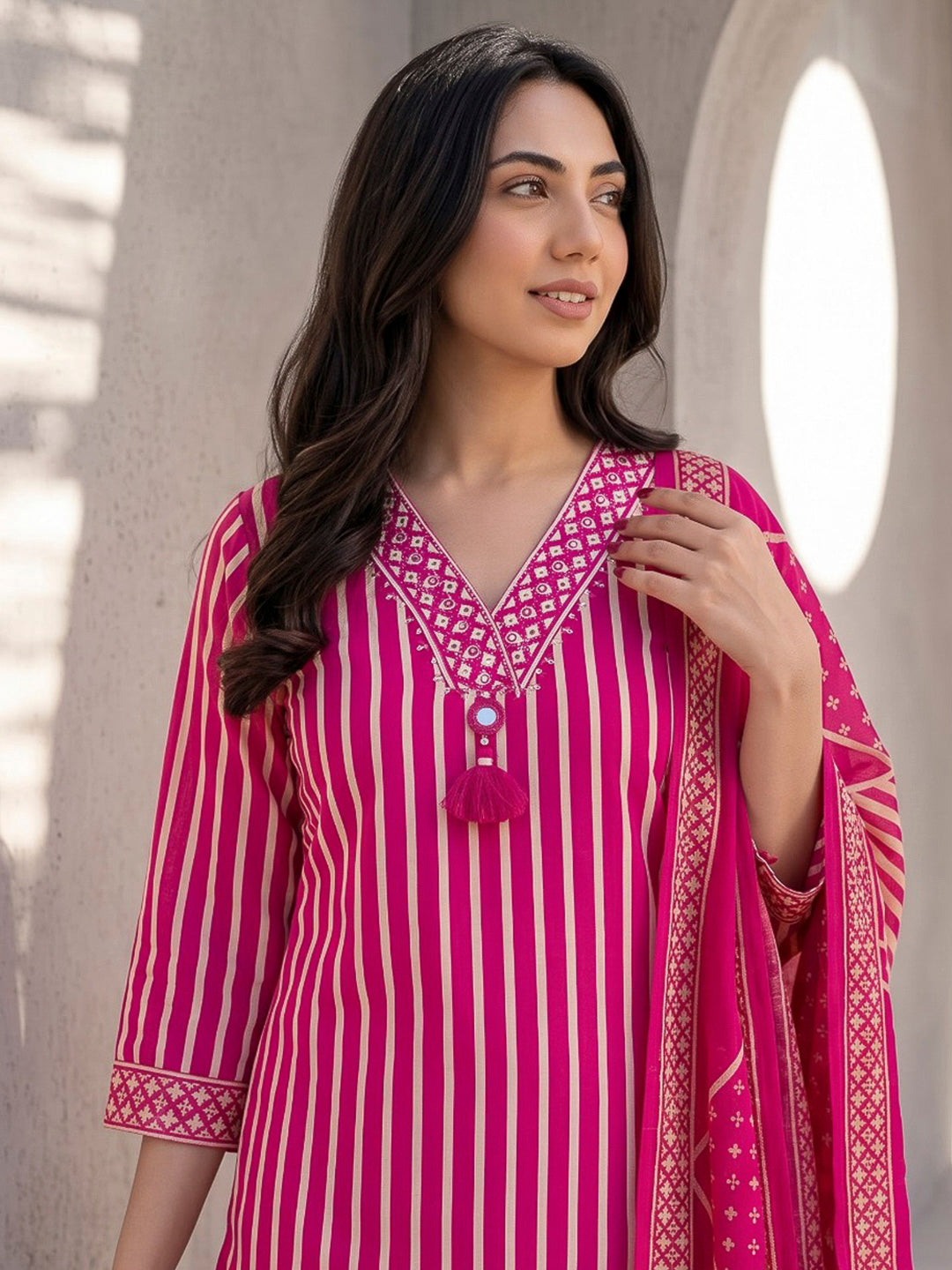 Pink Printed Cotton Blend Kurta With Pant &amp; Dupatta