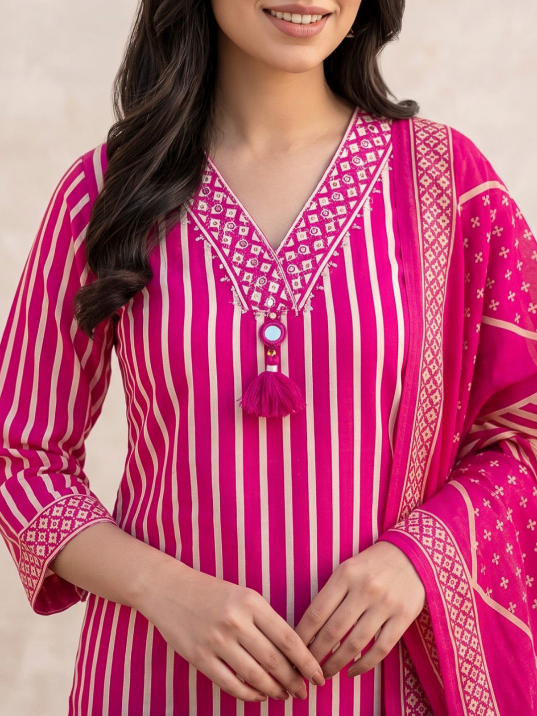Pink Printed Cotton Blend Kurta With Pant &amp; Dupatta