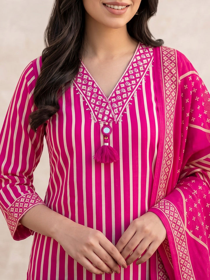 Pink Printed Cotton Blend Kurta With Pant &amp; Dupatta
