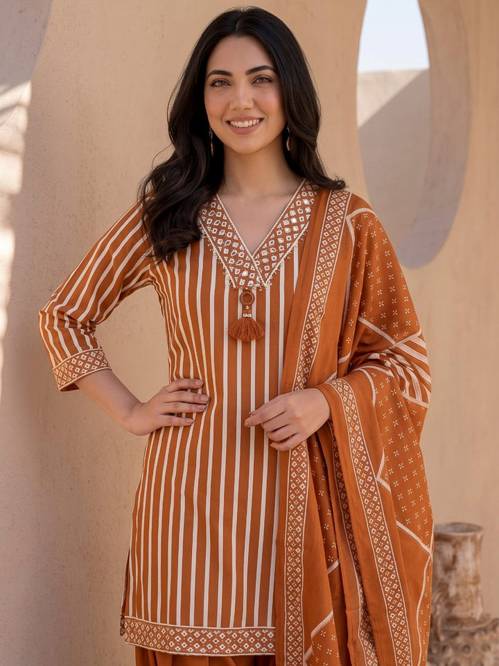 Rust Printed Cotton Blend Kurta With Pant &amp; Dupatta