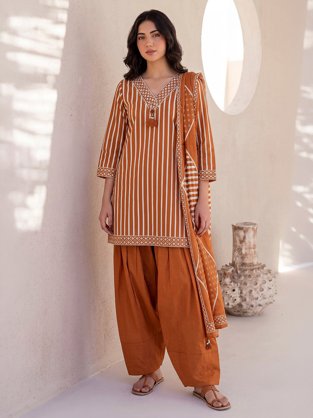 Rust Printed Cotton Blend Kurta With Pant &amp; Dupatta
