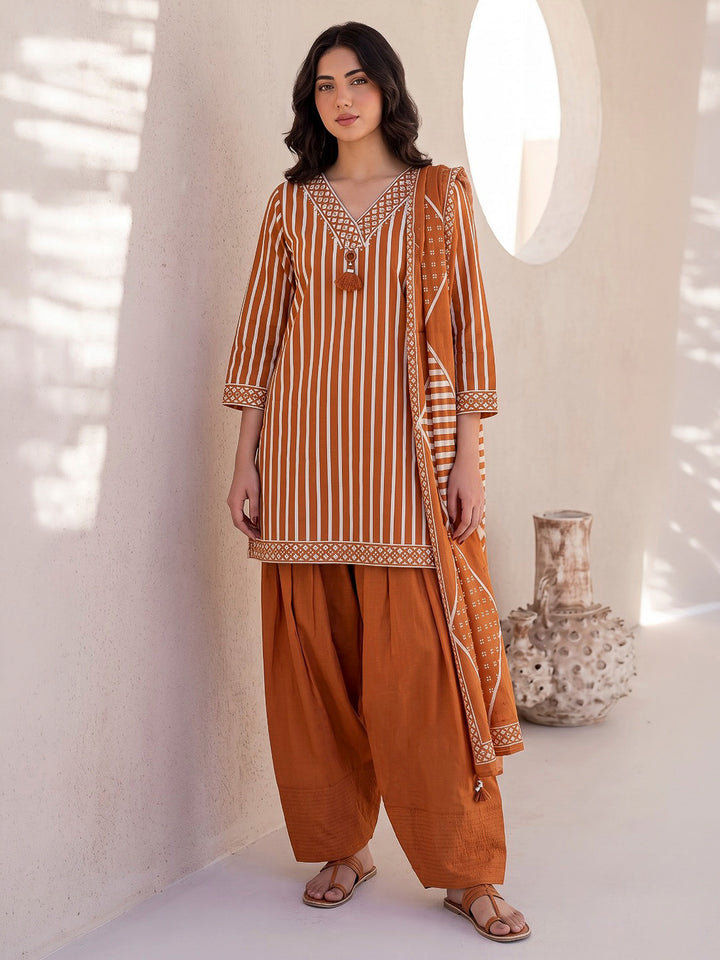 Rust Printed Cotton Blend Kurta With Pant &amp; Dupatta