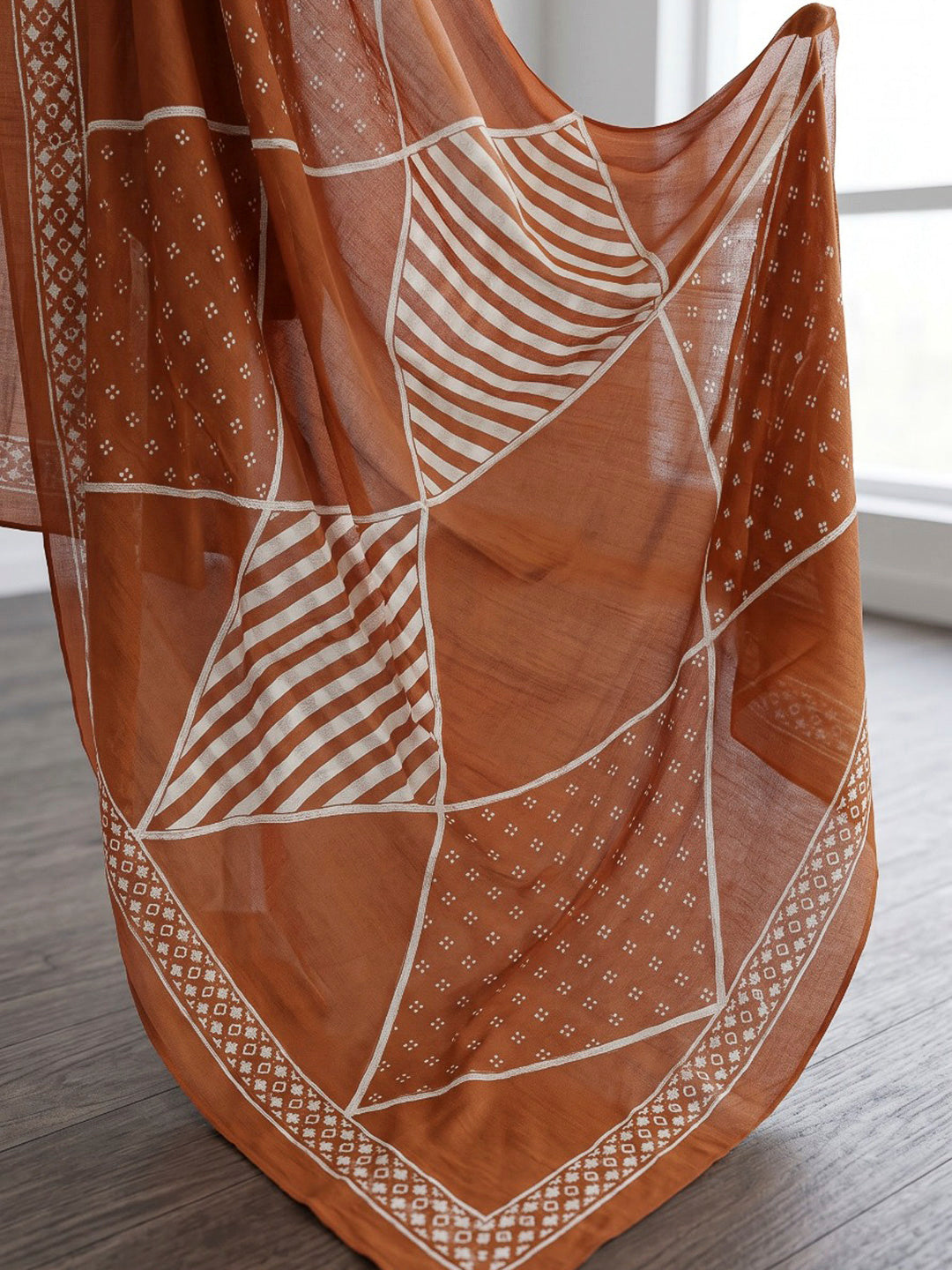 Rust Printed Cotton Blend Kurta With Pant &amp; Dupatta