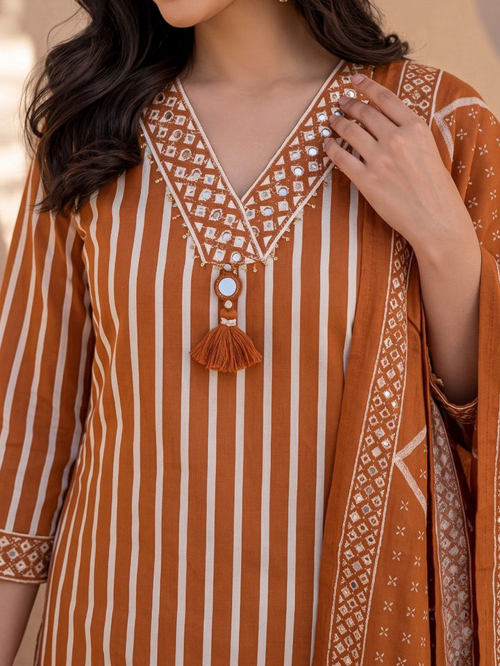 Rust Printed Cotton Blend Kurta With Pant &amp; Dupatta