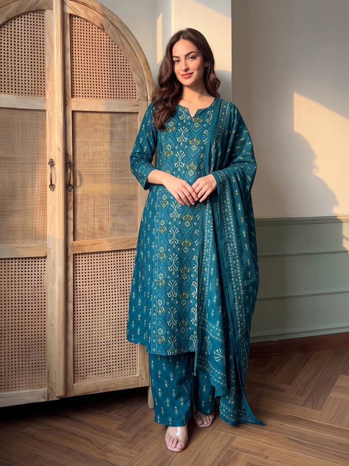 Blue Printed Cotton Blend Kurta With Pant &amp; Dupatta