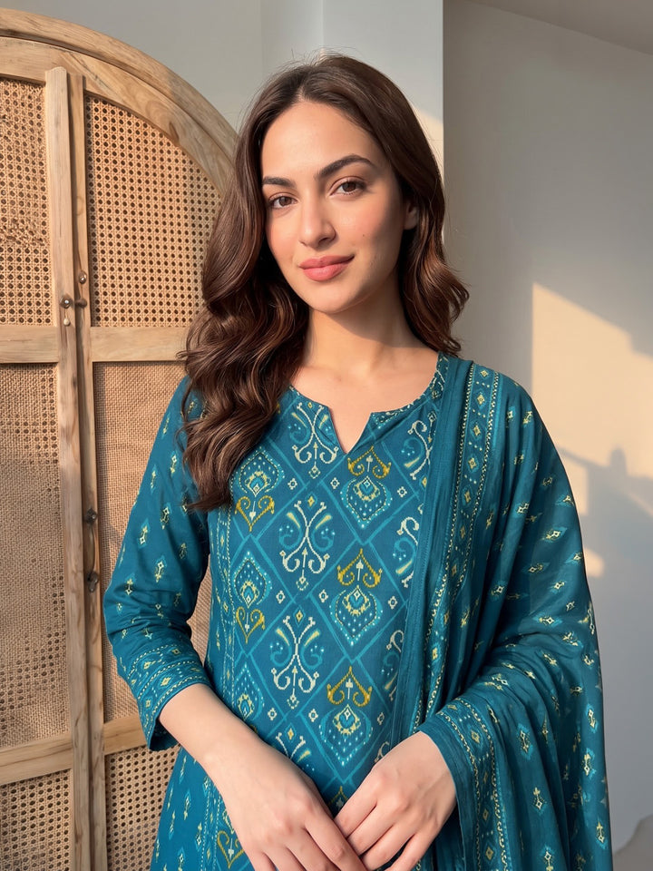 Blue Printed Cotton Blend Kurta With Pant &amp; Dupatta