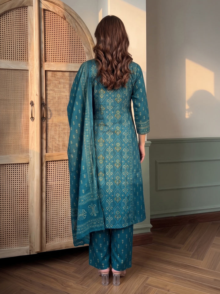 Blue Printed Cotton Blend Kurta With Pant &amp; Dupatta