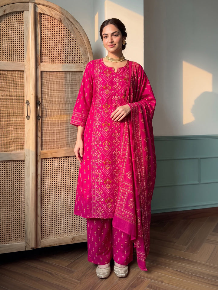 Rani Printed Cotton Blend Kurta With Pant &amp; Dupatta