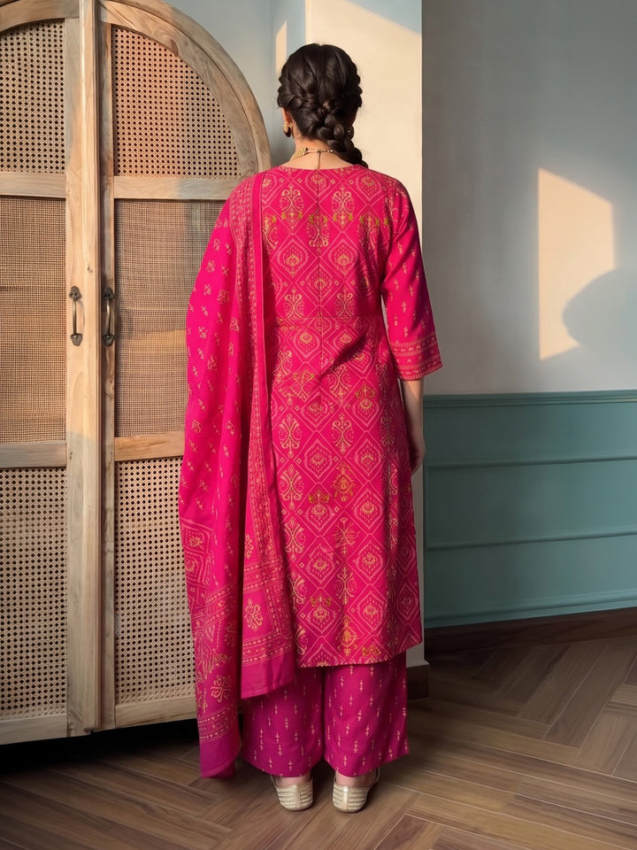 Rani Printed Cotton Blend Kurta With Pant &amp; Dupatta