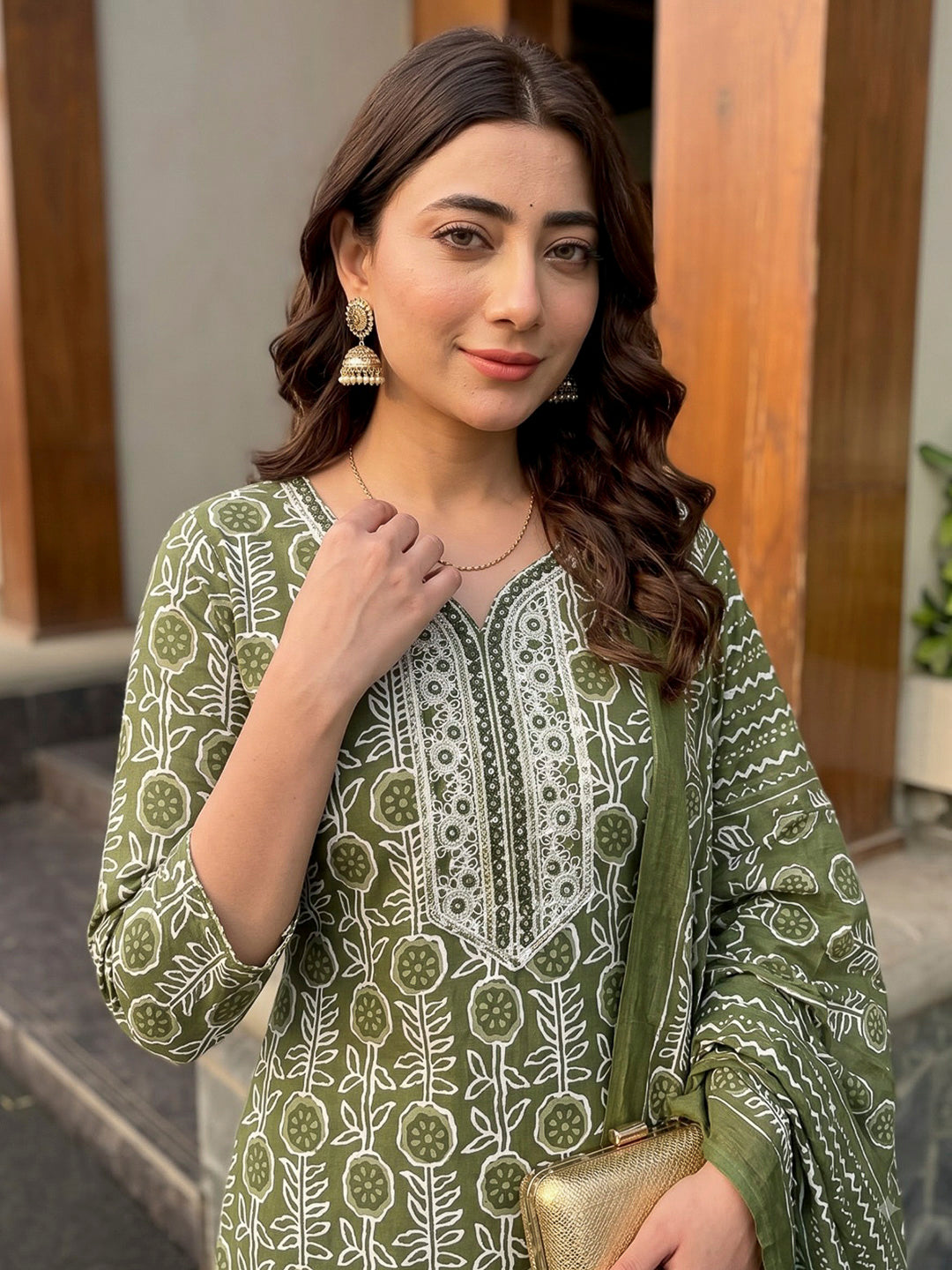 Green Printed Cotton Blend Kurta With Pant &amp; Dupatta
