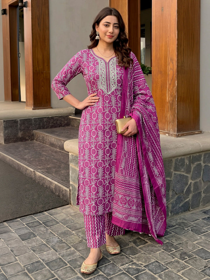Purple Printed Cotton Blend Kurta With Pant &amp; Dupatta