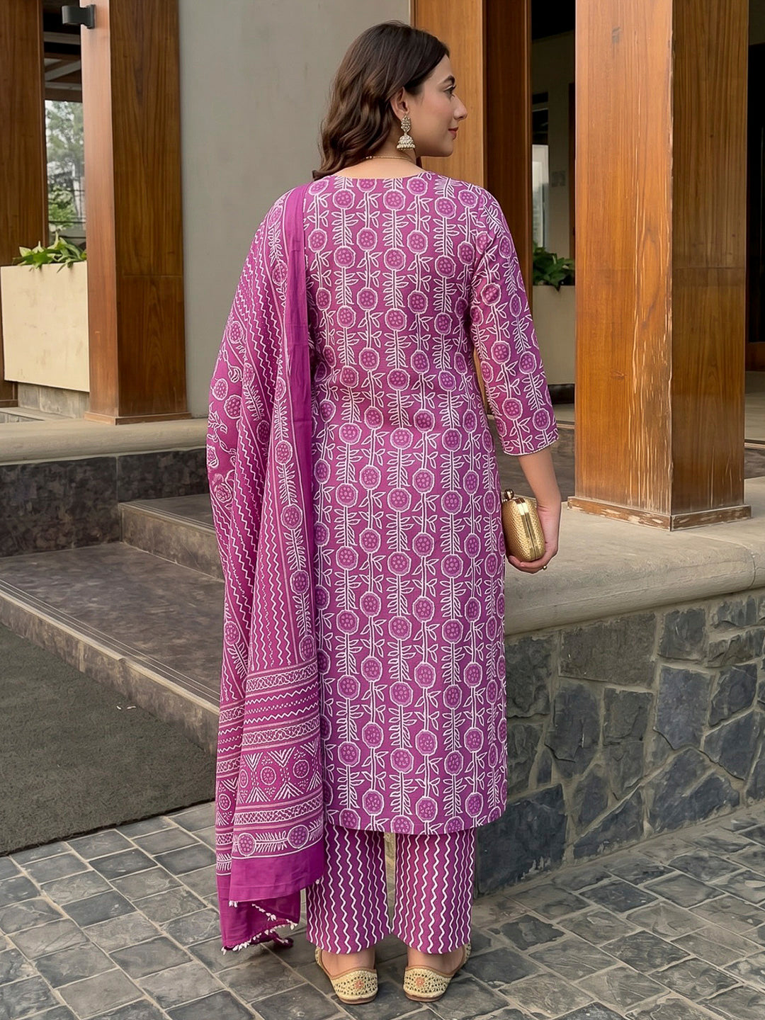 Purple Printed Cotton Blend Kurta With Pant &amp; Dupatta