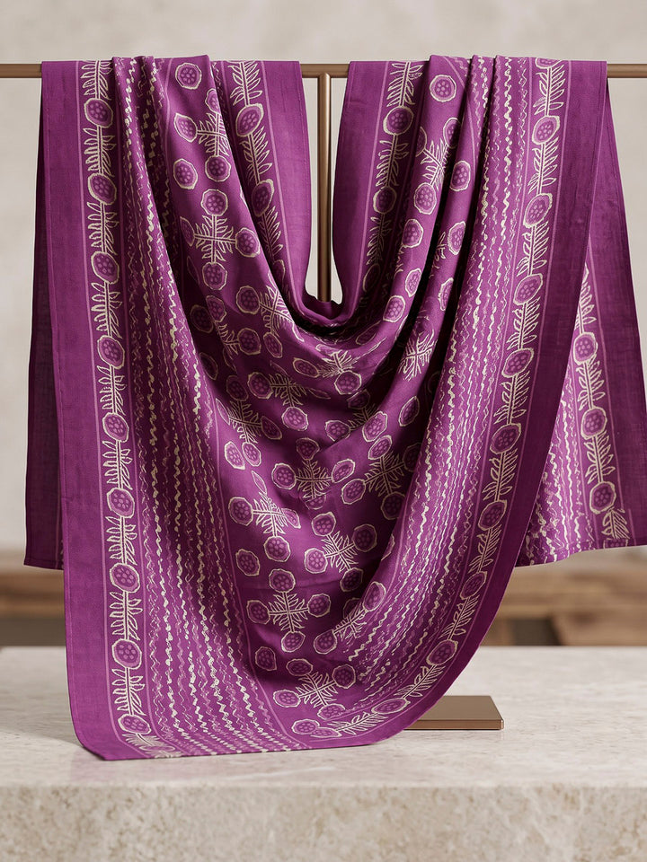 Purple Printed Cotton Blend Kurta With Pant &amp; Dupatta