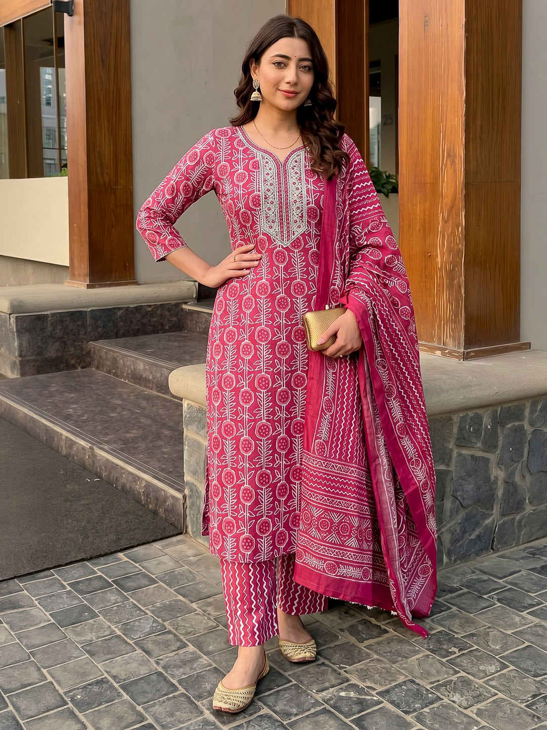 Red Printed Cotton Blend Kurta With Pant &amp; Dupatta