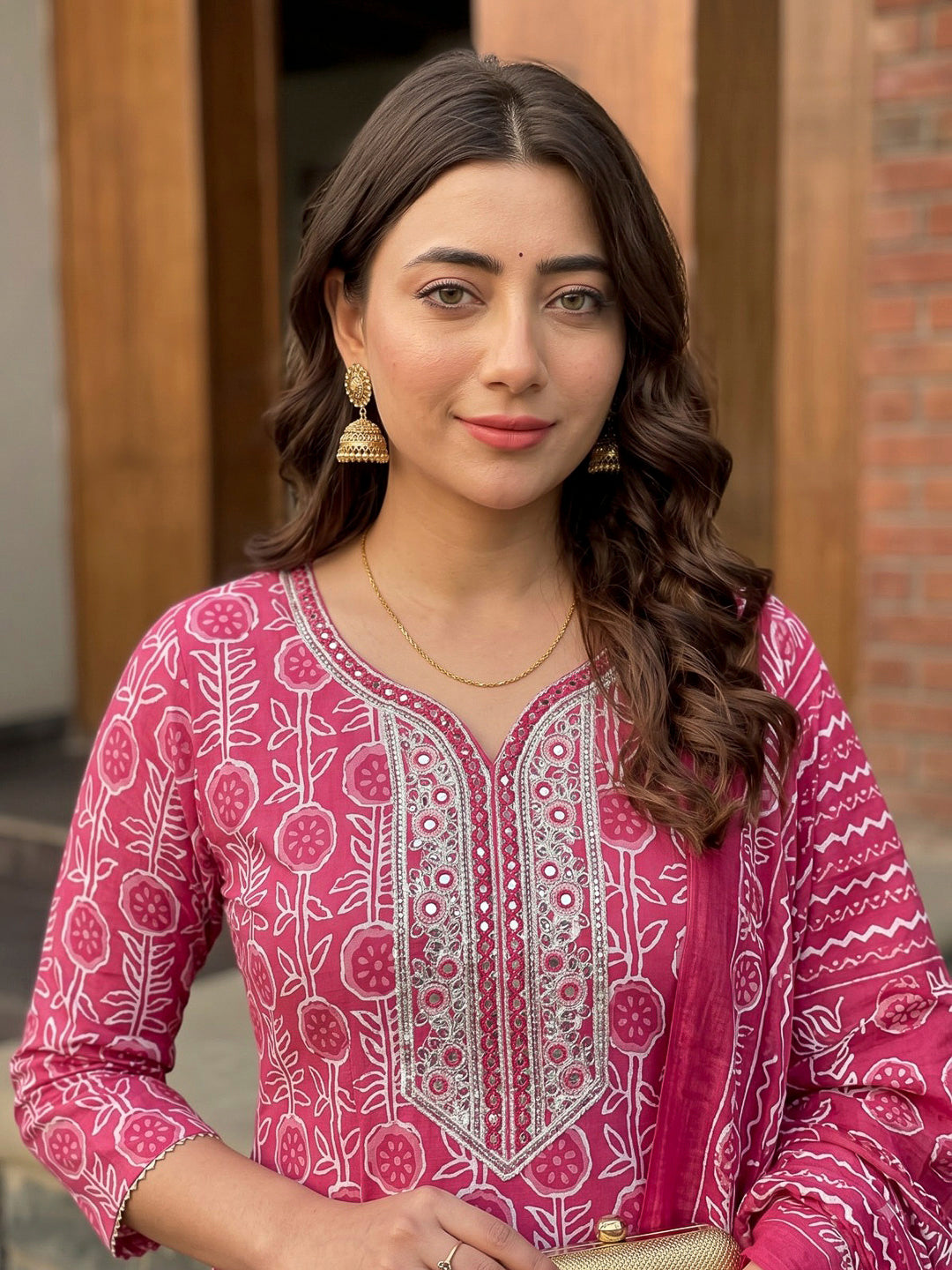 Red Printed Cotton Blend Kurta With Pant &amp; Dupatta