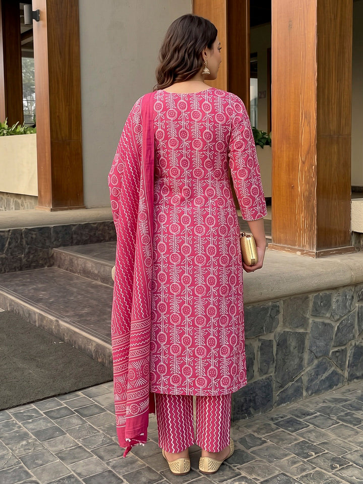 Red Printed Cotton Blend Kurta With Pant &amp; Dupatta