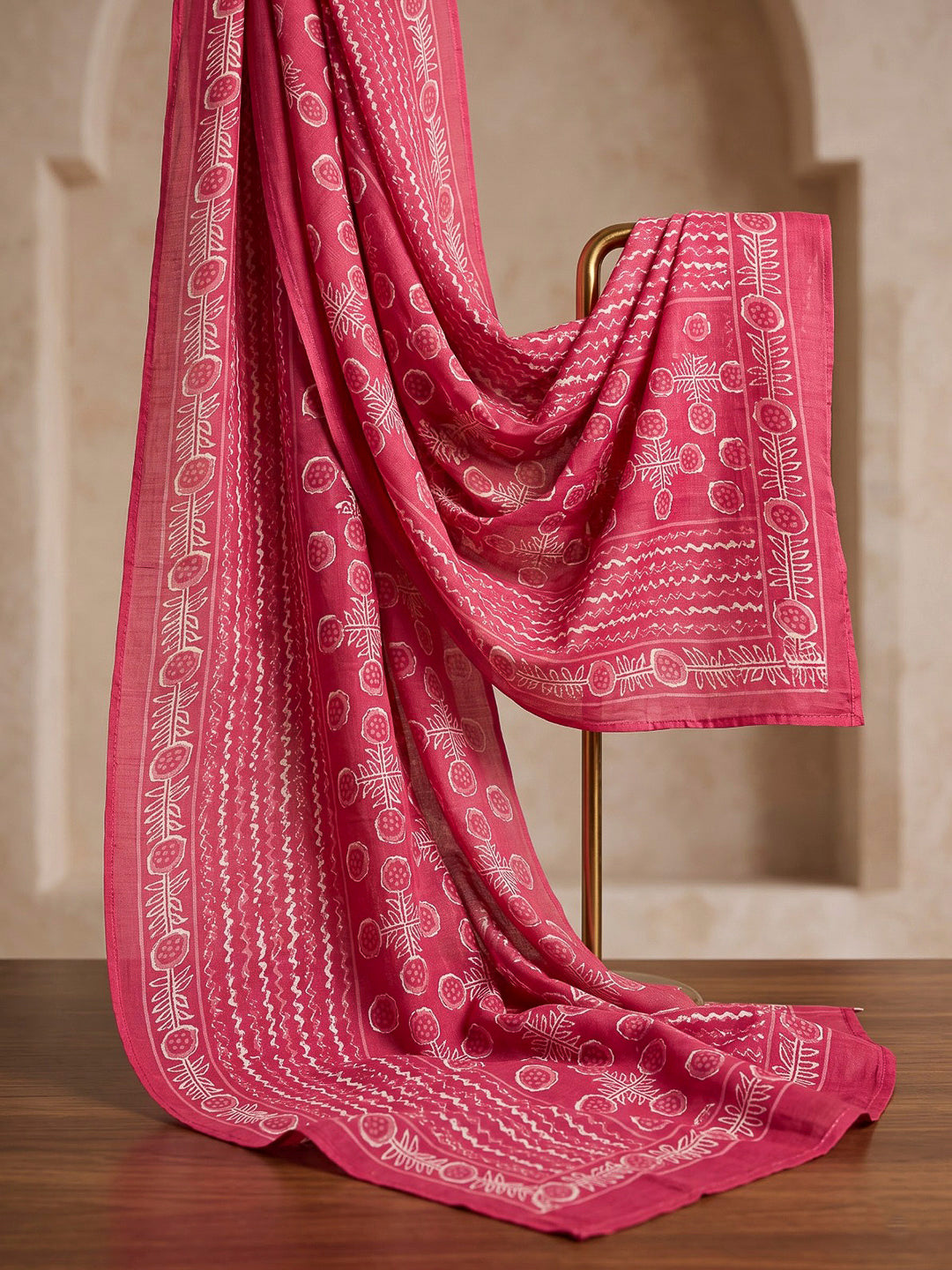 Red Printed Cotton Blend Kurta With Pant &amp; Dupatta