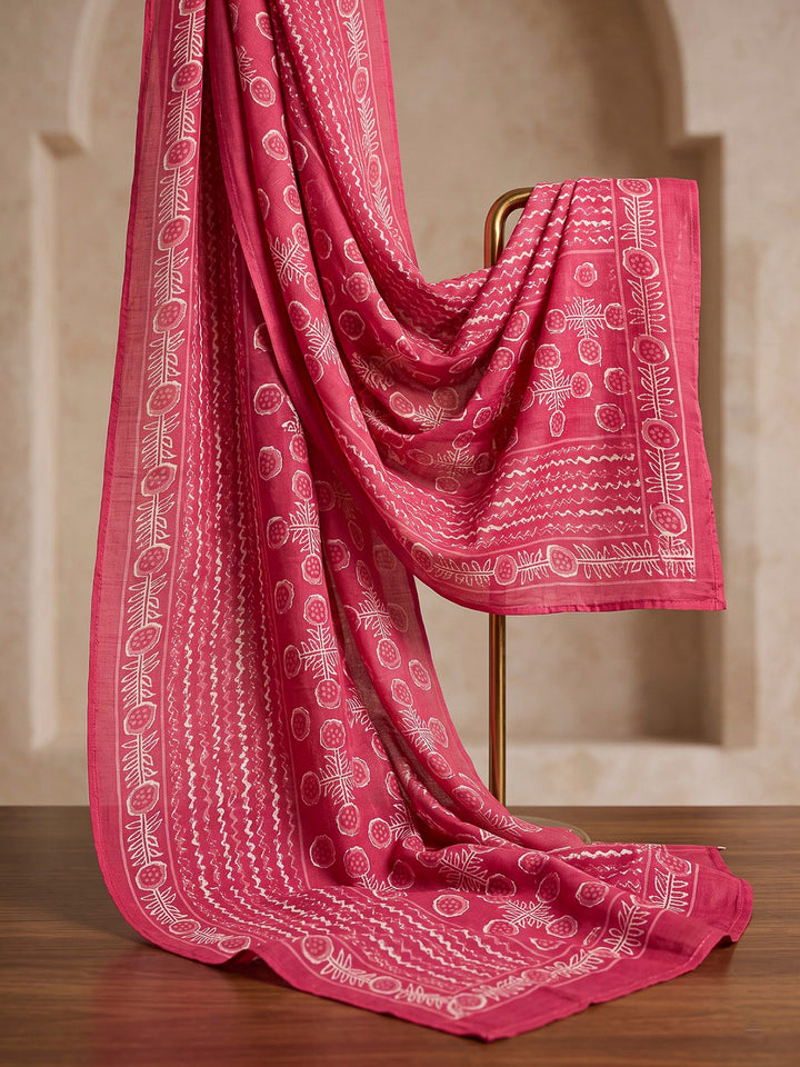 Red Printed Cotton Blend Kurta With Pant &amp; Dupatta