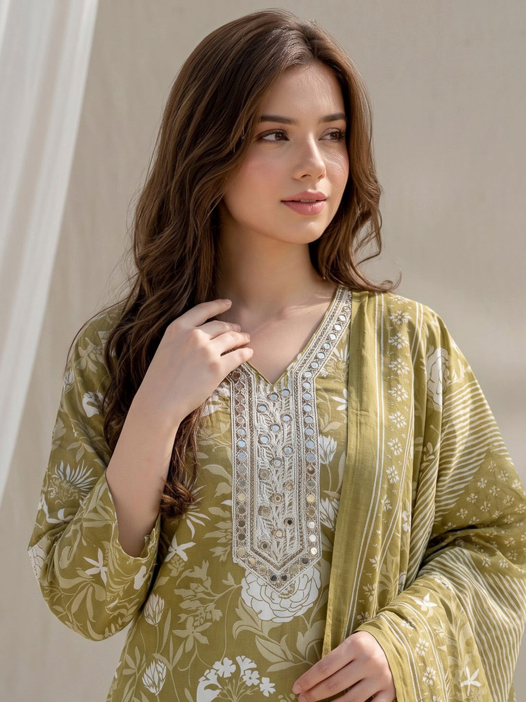 Green Printed Cotton Blend Kurta With Pant &amp; Dupatta