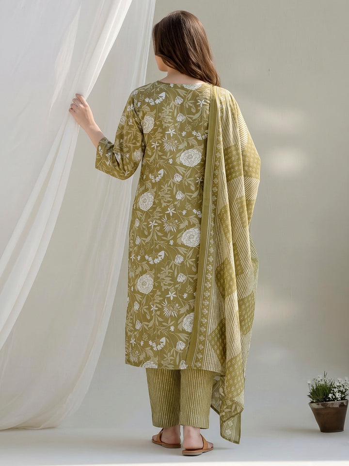 Green Printed Cotton Blend Kurta With Pant &amp; Dupatta