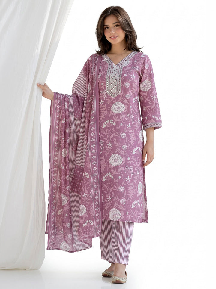 Purple Printed Cotton Blend Kurta With Pant &amp; Dupatta