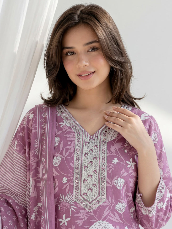 Purple Printed Cotton Blend Kurta With Pant &amp; Dupatta