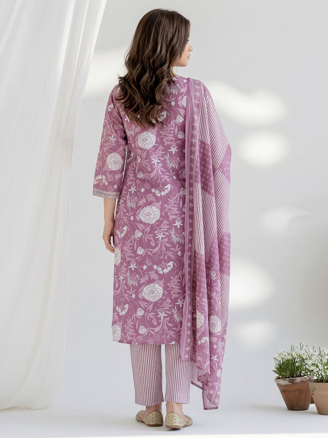Purple Printed Cotton Blend Kurta With Pant &amp; Dupatta