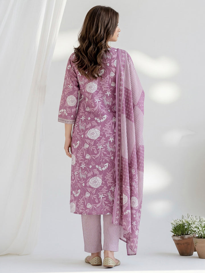 Purple Printed Cotton Blend Kurta With Pant &amp; Dupatta