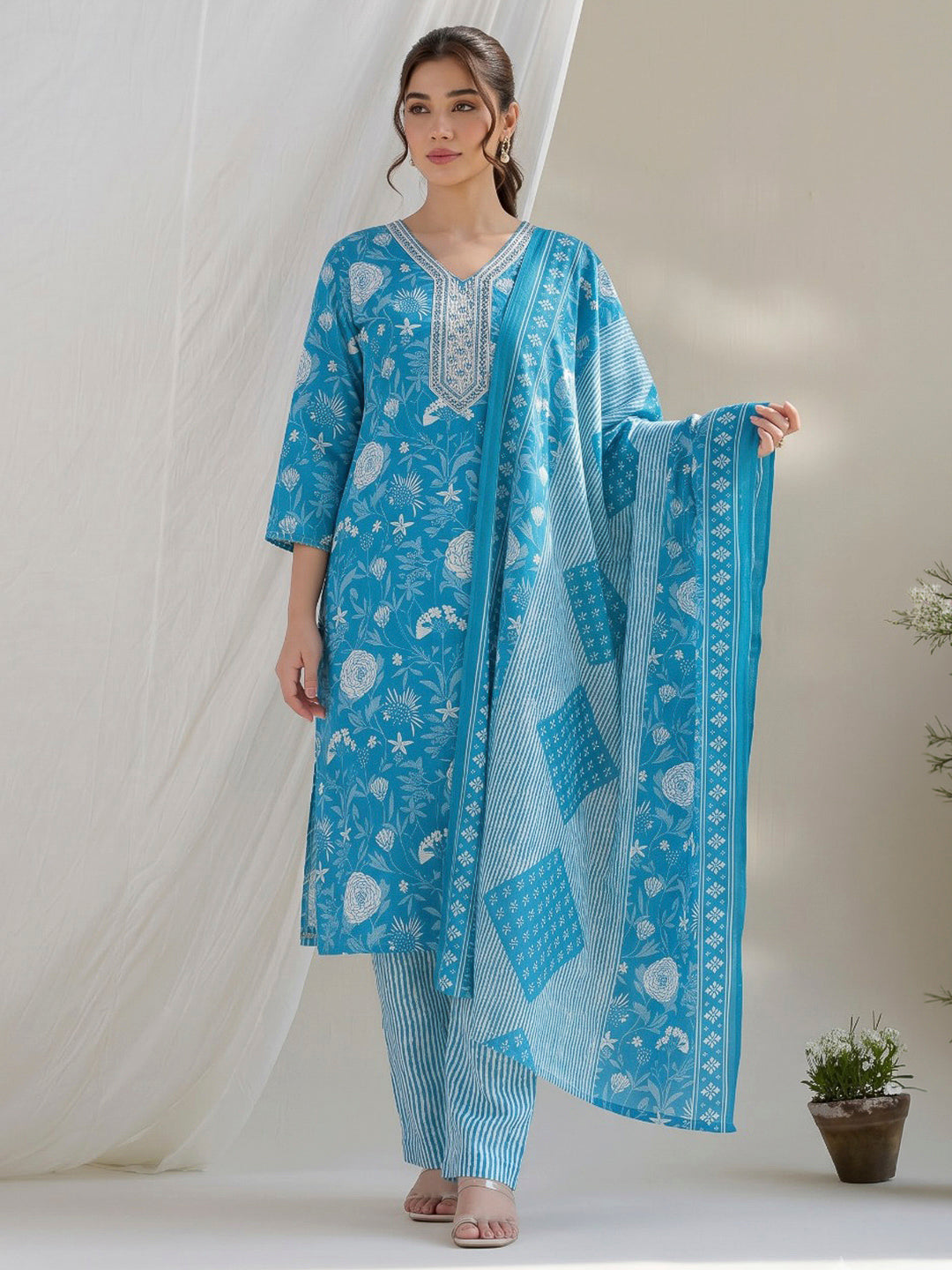 Rama Green Printed Cotton Blend Kurta With Pant &amp; Dupatta