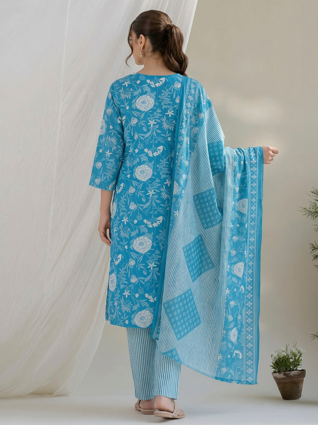Rama Green Printed Cotton Blend Kurta With Pant &amp; Dupatta