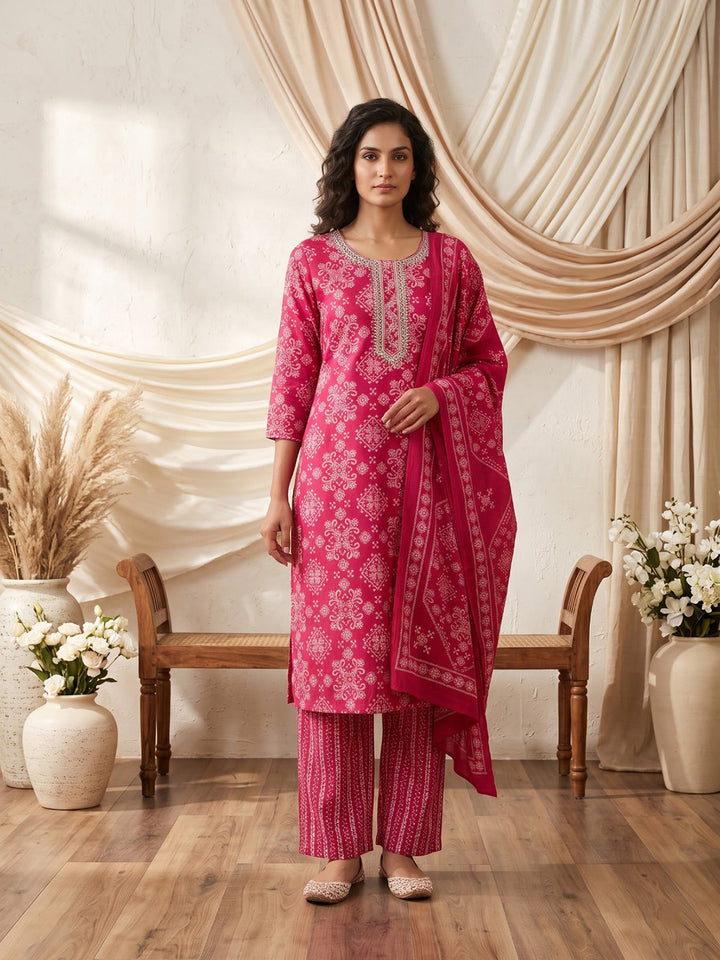 Maroon Printed Cotton Blend Kurta With Pant &amp; Dupatta