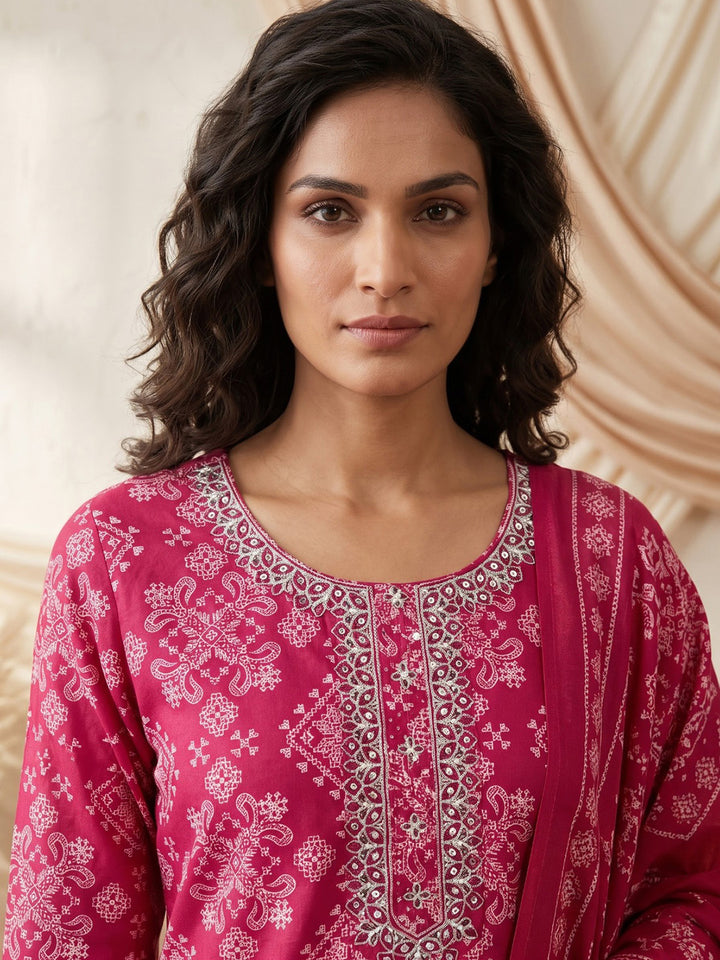 Maroon Printed Cotton Blend Kurta With Pant &amp; Dupatta