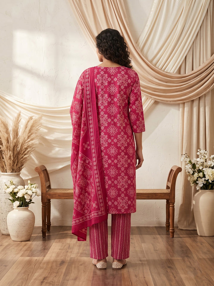 Maroon Printed Cotton Blend Kurta With Pant &amp; Dupatta