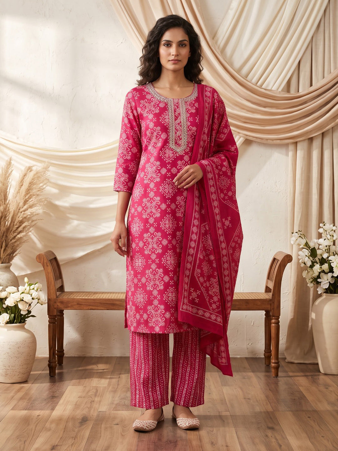 Pink Printed Cotton Blend Kurta With Pant &amp; Dupatta