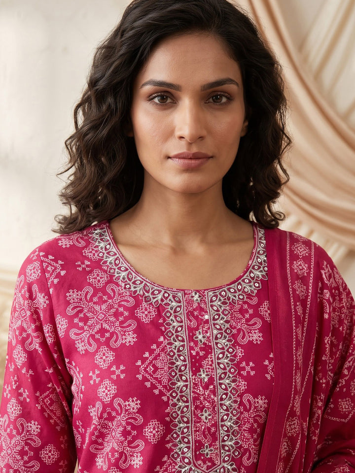 Pink Printed Cotton Blend Kurta With Pant &amp; Dupatta