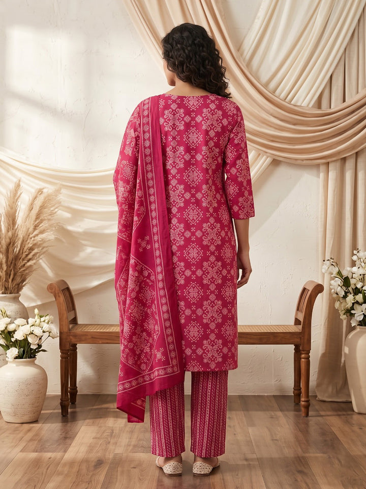 Pink Printed Cotton Blend Kurta With Pant &amp; Dupatta