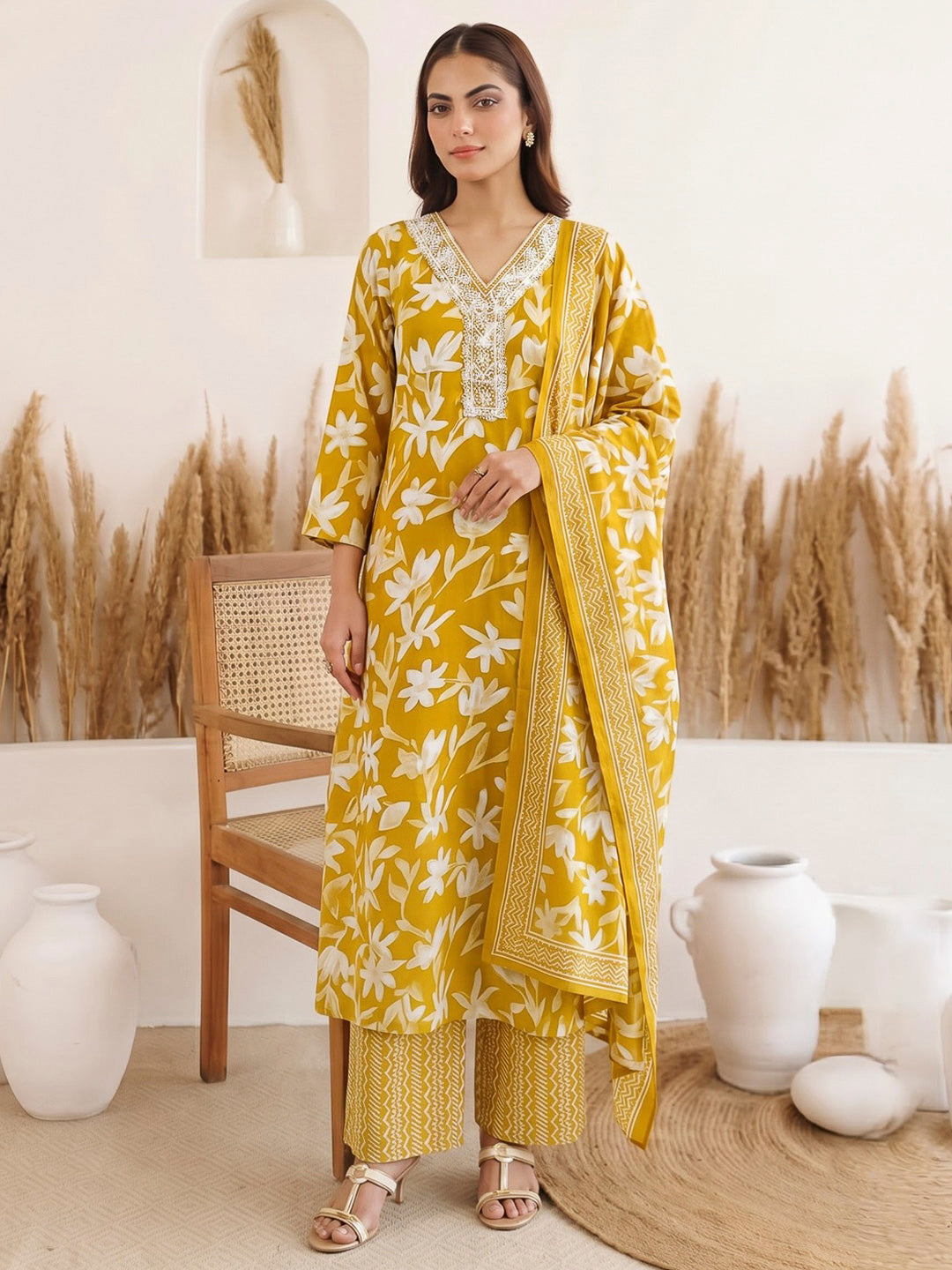 Mustard Printed Cotton Blend Kurta With Pant &amp; Dupatta