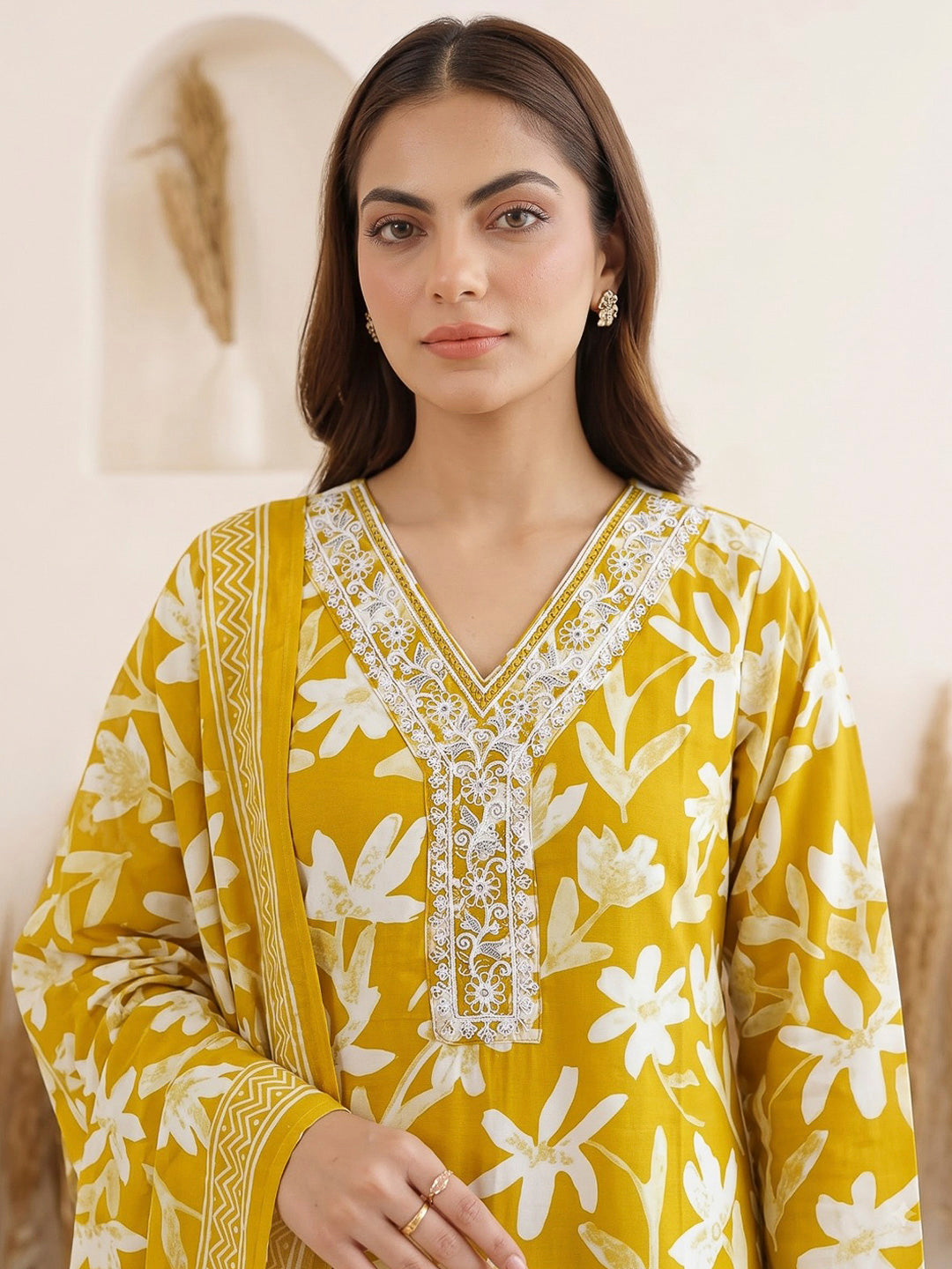 Mustard Printed Cotton Blend Kurta With Pant &amp; Dupatta