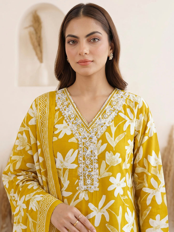 Mustard Printed Cotton Blend Kurta With Pant &amp; Dupatta