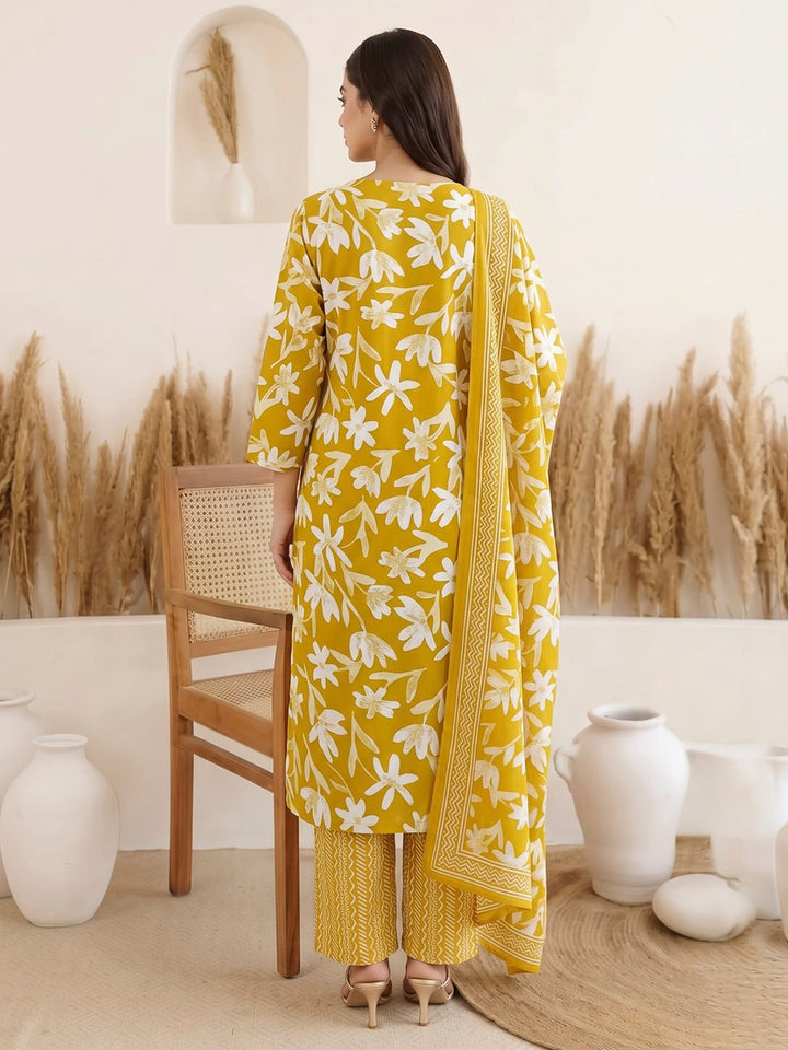Mustard Printed Cotton Blend Kurta With Pant &amp; Dupatta