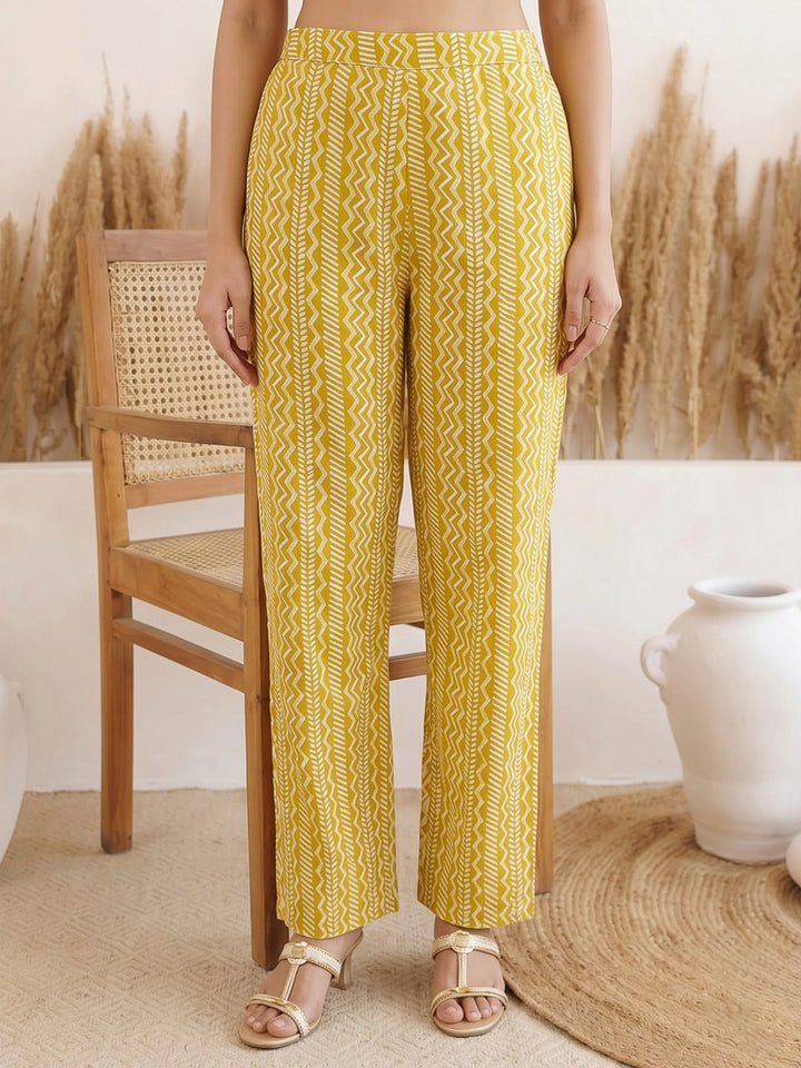 Mustard Printed Cotton Blend Kurta With Pant &amp; Dupatta