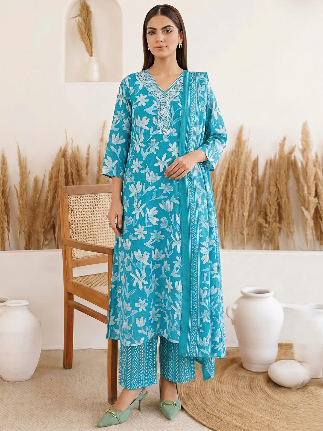 Rama Green Printed Cotton Blend Kurta With Pant &amp; Dupatta