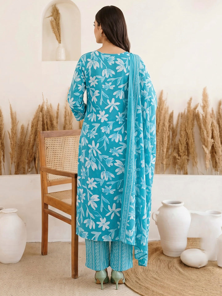 Rama Green Printed Cotton Blend Kurta With Pant &amp; Dupatta