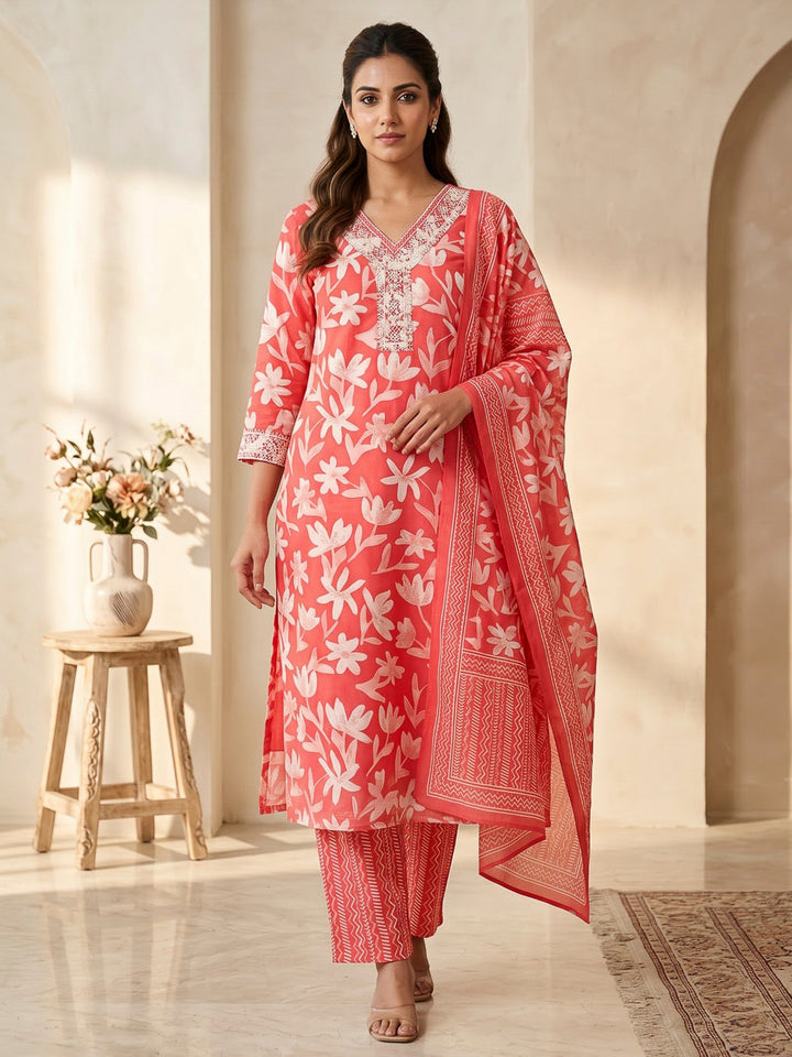Red Printed Cotton Blend Kurta With Pant &amp; Dupatta